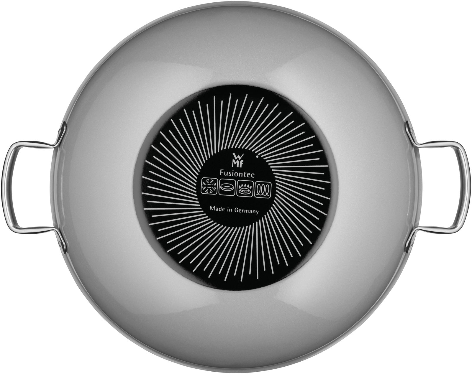 Ansicht von oben auf einen silbernen Wok mit zwei Griffen und einem schwarzen Boden mit Fusiontec-Logo, geeignet für verschiedene Herdarten.