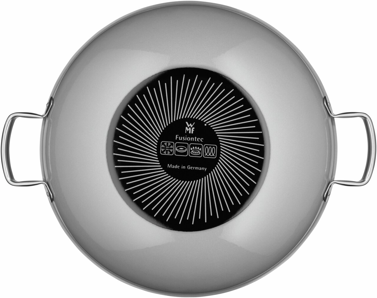 Ansicht von oben auf einen silbernen Wok mit zwei Griffen und einem schwarzen Boden mit Fusiontec-Logo, geeignet für verschiedene Herdarten.