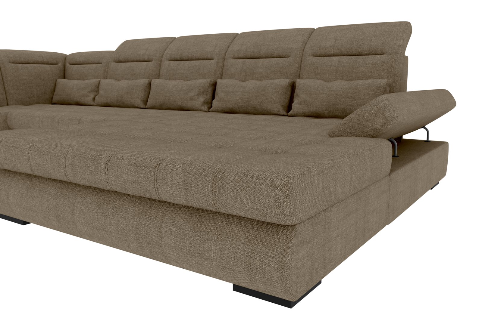 Großes braunes Polsterbett/Schlafsofa mit gepolsterter Rückenlehne, Zierkissen und seitlicher Armlehne, perspektivische Ansicht schräg von vorne rechts