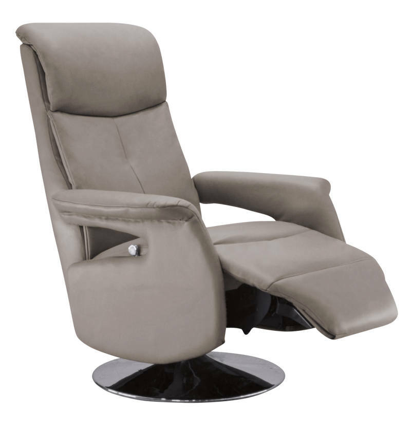 Bequemer Fernsehsessel Zurbrüggen OREGON in seitlicher Perspektive mit verstellbarer Rückenlehne und Fußstütze auf einem drehbaren Sockel.