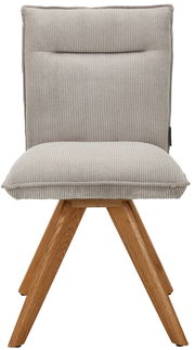 Moderner Stuhl mit gepolsterter Rückenlehne und Sitzfläche in grauem Stoff, auf Holzbeinen, Frontalansicht.