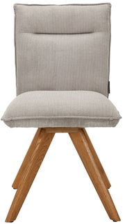 Moderner Stuhl mit gepolsterter Rückenlehne und Sitzfläche in grauem Stoff, auf Holzbeinen, Frontalansicht.