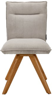 Moderner Stuhl mit gepolsterter Rückenlehne und Sitzfläche in grauem Stoff, auf Holzbeinen, Frontalansicht.