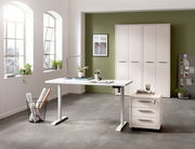 Moderner, elektrisch höhenverstellbarer Schreibtisch in einem hellen Büro mit grüner Akzentwand, seitlicher Perspektive.