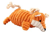 Plüschiges, orangefarbenes Tierspielzeug in Form eines Fuchses, seitliche Perspektive