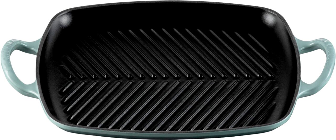 Rechteckige Grillpfanne aus Gusseisen mit geriffelter schwarzer Grillfläche und zwei hellblauen Seitengriffen, Draufsicht/Top-Down-Perspektive