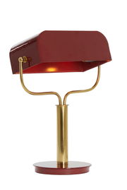 Rote Tischleuchte mit goldfarbenem Standfuß, seitliche Perspektive