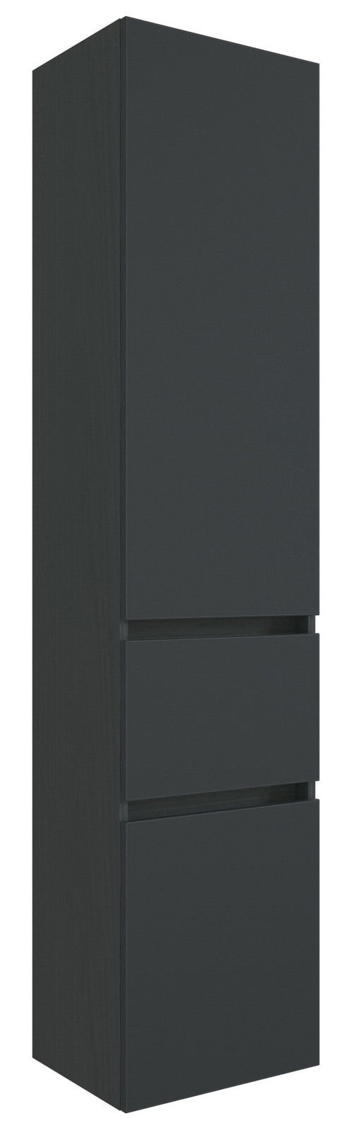 Moderner, schwarzer Hochschrank mit zwei Schubladen, seitliche Perspektive
