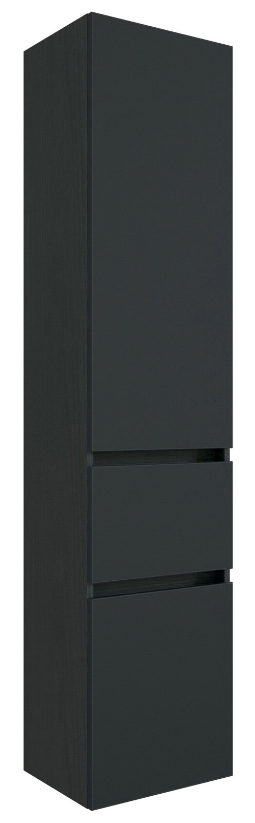 Moderner, schwarzer Hochschrank mit zwei Schubladen, seitliche Perspektive