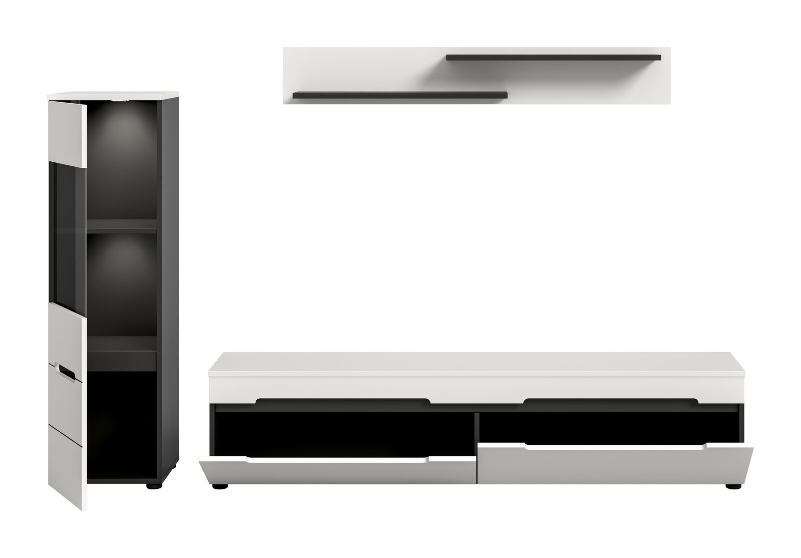 Modernes Wohnzimmerset in Weiß und Schwarz mit hohem Schrank, niedrigem TV-Lowboard mit zwei Schubladen und zwei Wandregalen, Schubladen und Tür teilweise geöffnet, Frontansicht.