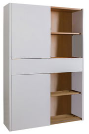 Weißes Aktenregal mit offenen und geschlossenen Fächern, seitliche Perspektive