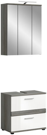 Badkombination mit Beleuchtung, bestehend aus einem dreitürigen Spiegelschrank und einem Unterschrank mit zwei Schubladen, in frontaler Ansicht.