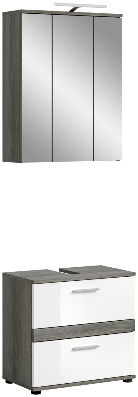 Badkombination mit Beleuchtung, bestehend aus einem dreitürigen Spiegelschrank und einem Unterschrank mit zwei Schubladen, in frontaler Ansicht.
