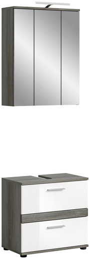 Badkombination mit Beleuchtung, bestehend aus einem dreitürigen Spiegelschrank und einem Unterschrank mit zwei Schubladen, in frontaler Ansicht.