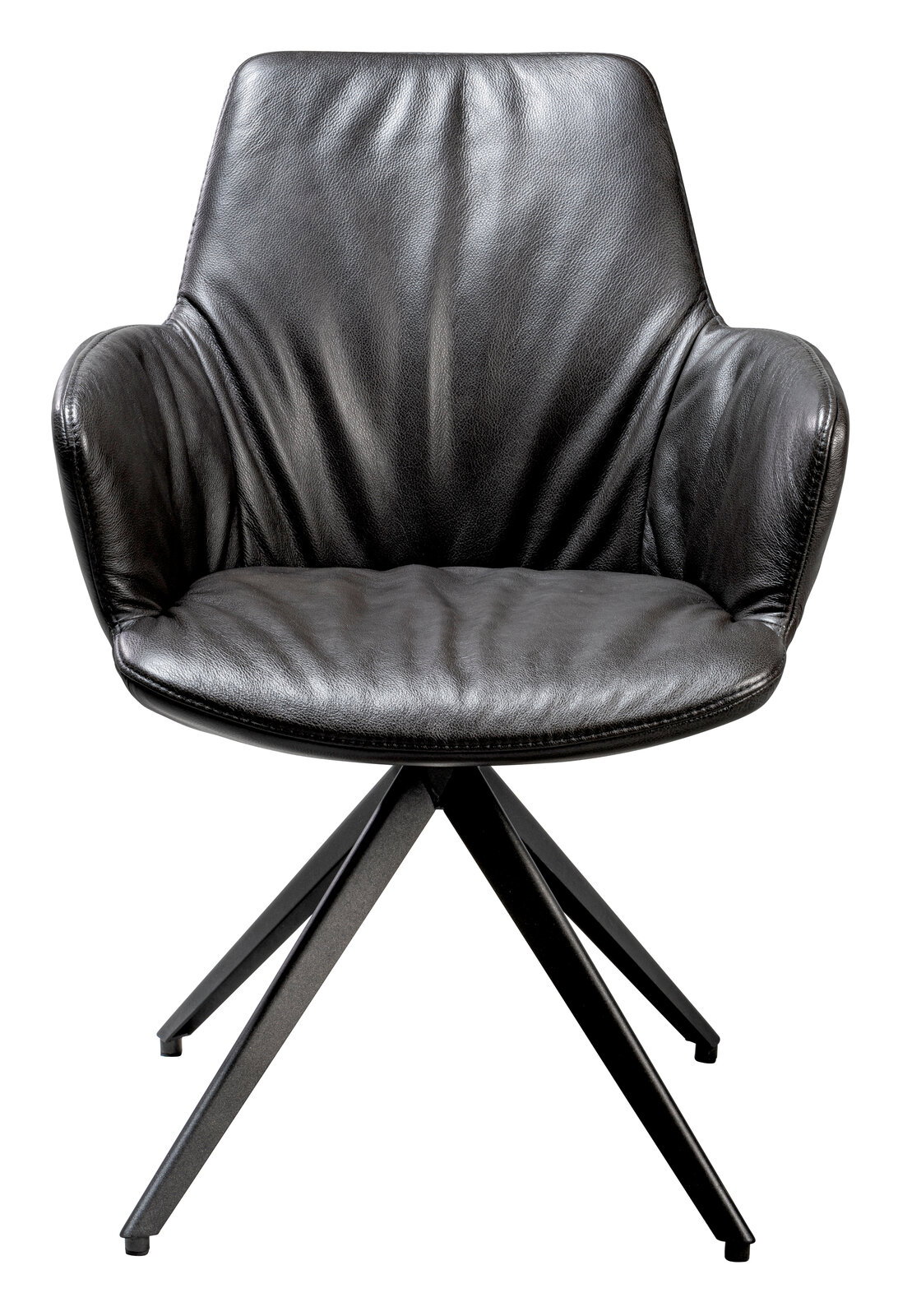 Moderner schwarzer Ledersessel mit Metallbeinen, Frontalansicht