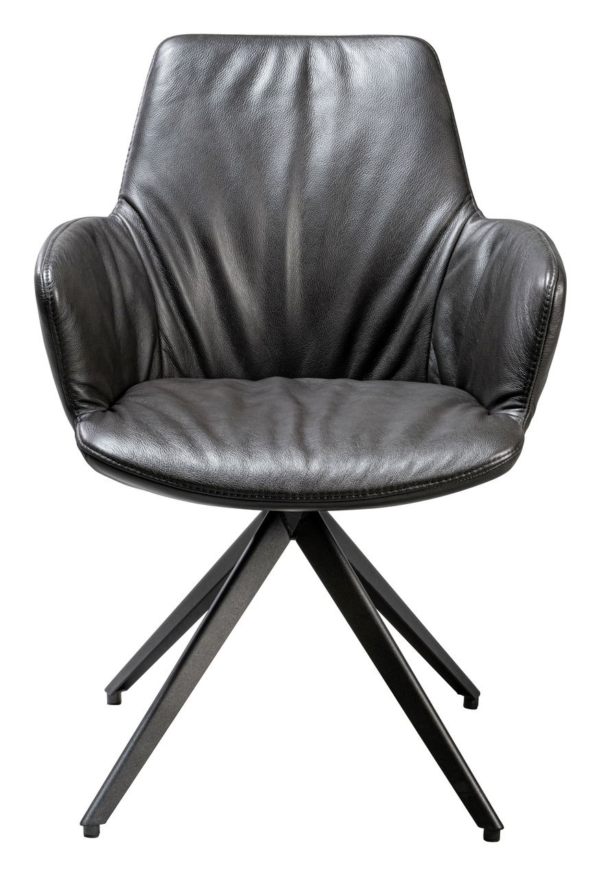 Moderner schwarzer Ledersessel mit Metallbeinen, Frontalansicht