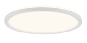 Ronde, witte LED plafondlamp met vlakke diffuser, minimalistisch design, getoond in schuin vooraanzicht van onderen op een witte achtergrond