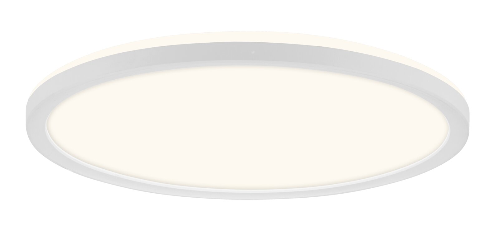 Ronde, witte LED plafondlamp met vlakke diffuser, minimalistisch design, getoond in schuin vooraanzicht van onderen op een witte achtergrond
