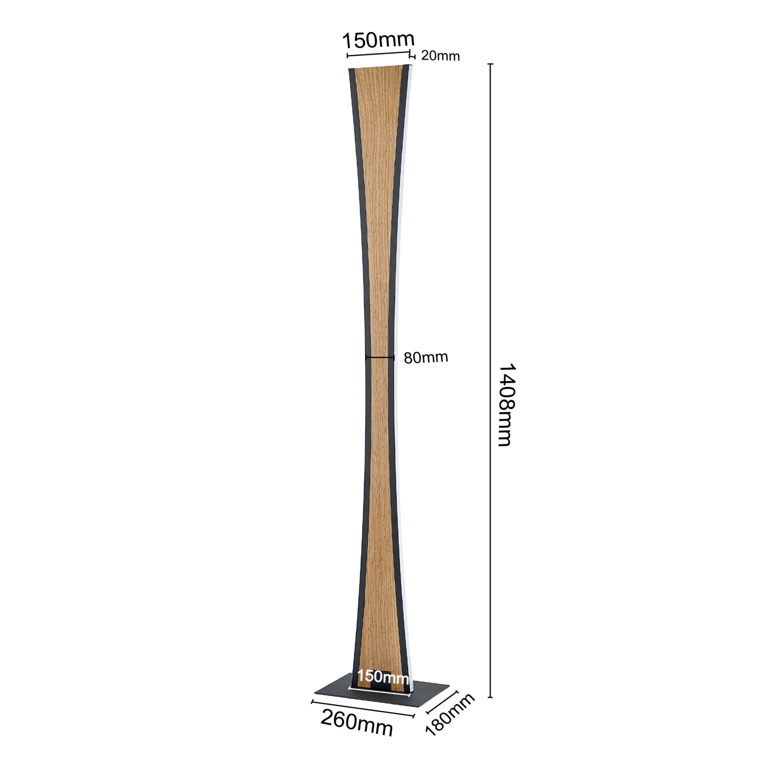 Frontansicht eines hohen, schmalen Standfußes/Displays mit Holzoptik und schwarzem Rahmen auf rechteckiger Bodenplatte; Maße: Höhe ca. 1408 mm, Breite oben/unten 150 mm, Breite mittig 80 mm, Tiefe ca. 20 mm, Bodenplatte 260 x 180 mm.