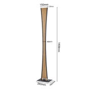 Frontansicht eines hohen, schmalen Standfußes/Displays mit Holzoptik und schwarzem Rahmen auf rechteckiger Bodenplatte; Maße: Höhe ca. 1408 mm, Breite oben/unten 150 mm, Breite mittig 80 mm, Tiefe ca. 20 mm, Bodenplatte 260 x 180 mm.