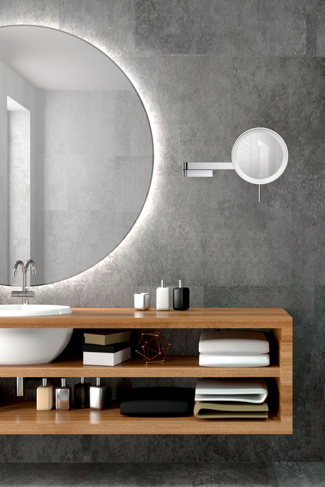 Modernes Badezimmer-Waschbecken mit großem runden LED-Spiegel, Holzregal und Wand-Vergrößerungsspiegel, frontal aus leicht seitlicher Perspektive
