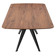 Moderner Esstisch mit Holzoptik und schwarzen Metallbeinen, Ansicht von oben.