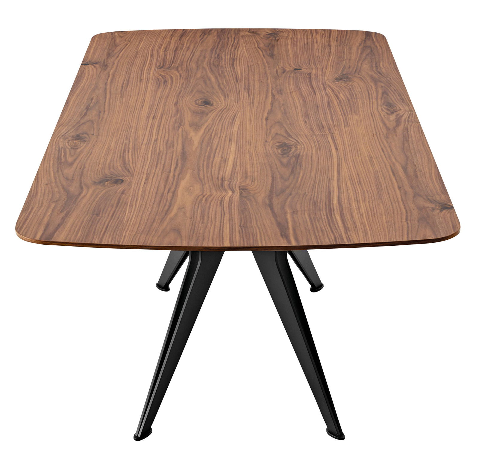 Moderner Esstisch mit Holzoptik und schwarzen Metallbeinen, Ansicht von oben.