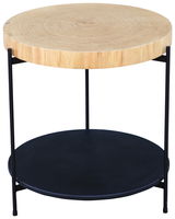 Runder Beistelltisch mit einer Holzplatte und einem schwarzen Metallgestell, seitliche Perspektive