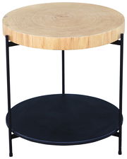 Runder Beistelltisch mit einer Holzplatte und einem schwarzen Metallgestell, seitliche Perspektive