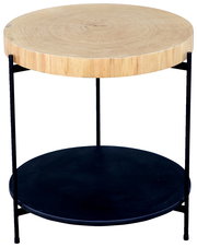 Runder Beistelltisch mit einer Holzplatte und einem schwarzen Metallgestell, seitliche Perspektive