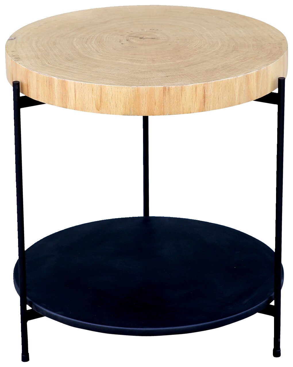 Runder Beistelltisch mit einer Holzplatte und einem schwarzen Metallgestell, seitliche Perspektive