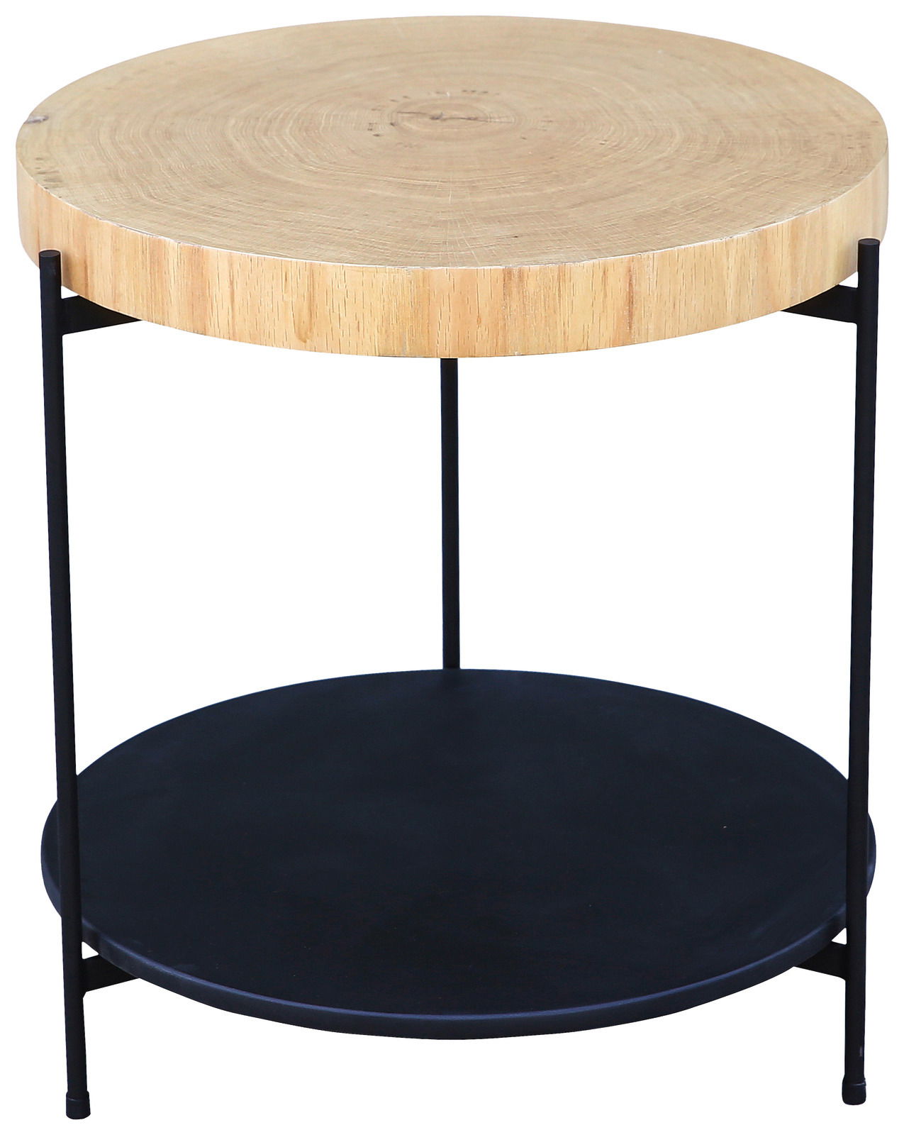 Runder Beistelltisch mit einer Holzplatte und einem schwarzen Metallgestell, seitliche Perspektive