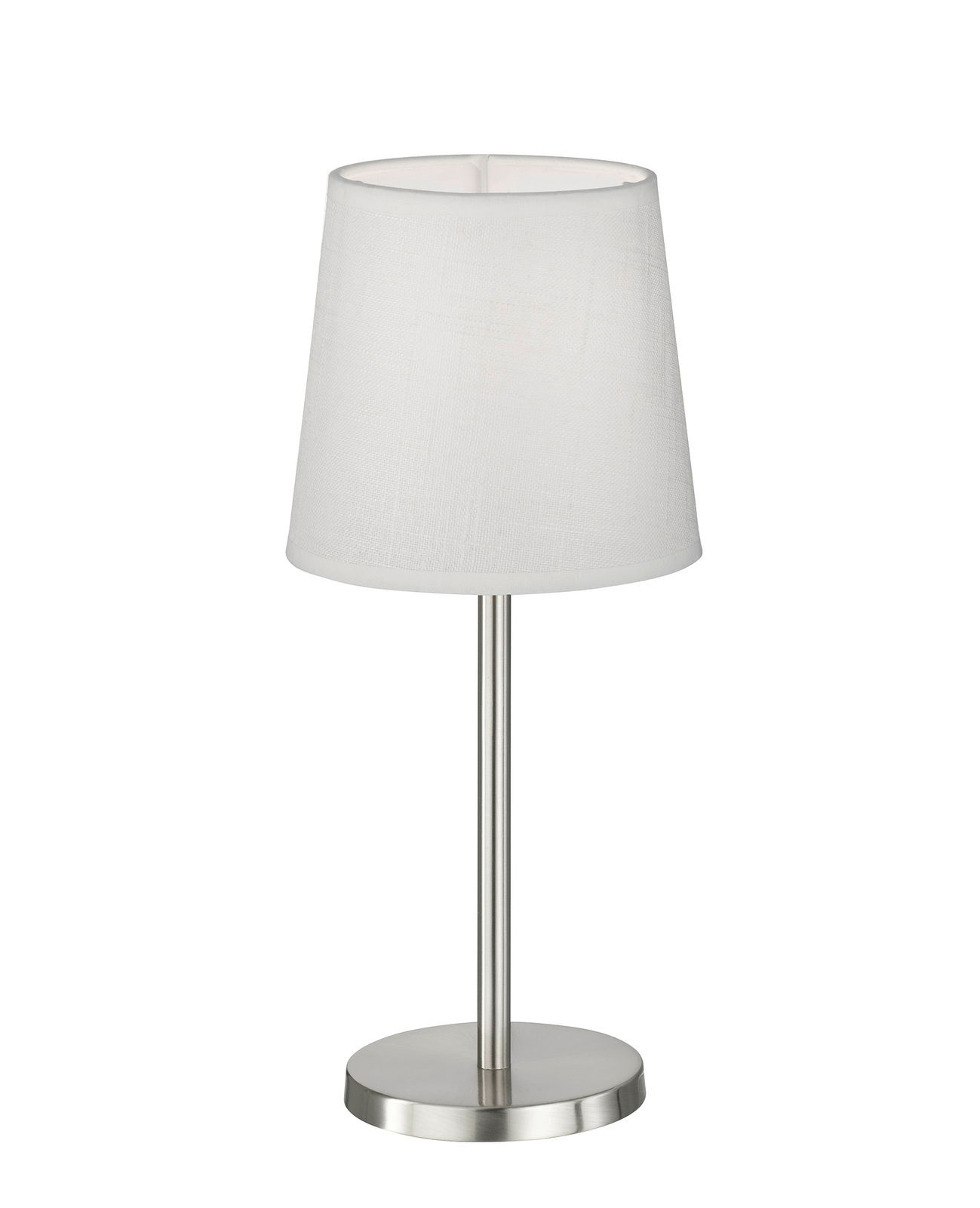 Moderne Tischleuchte Eve mit weißem Lampenschirm und silbernem Standfuß, frontal abgebildet