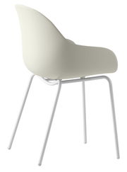 Moderner Stuhl mit geschwungener Rückenlehne und weißen Metallbeinen, seitliche Rückansicht