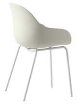 Moderner Stuhl mit geschwungener Rückenlehne und weißen Metallbeinen, seitliche Rückansicht