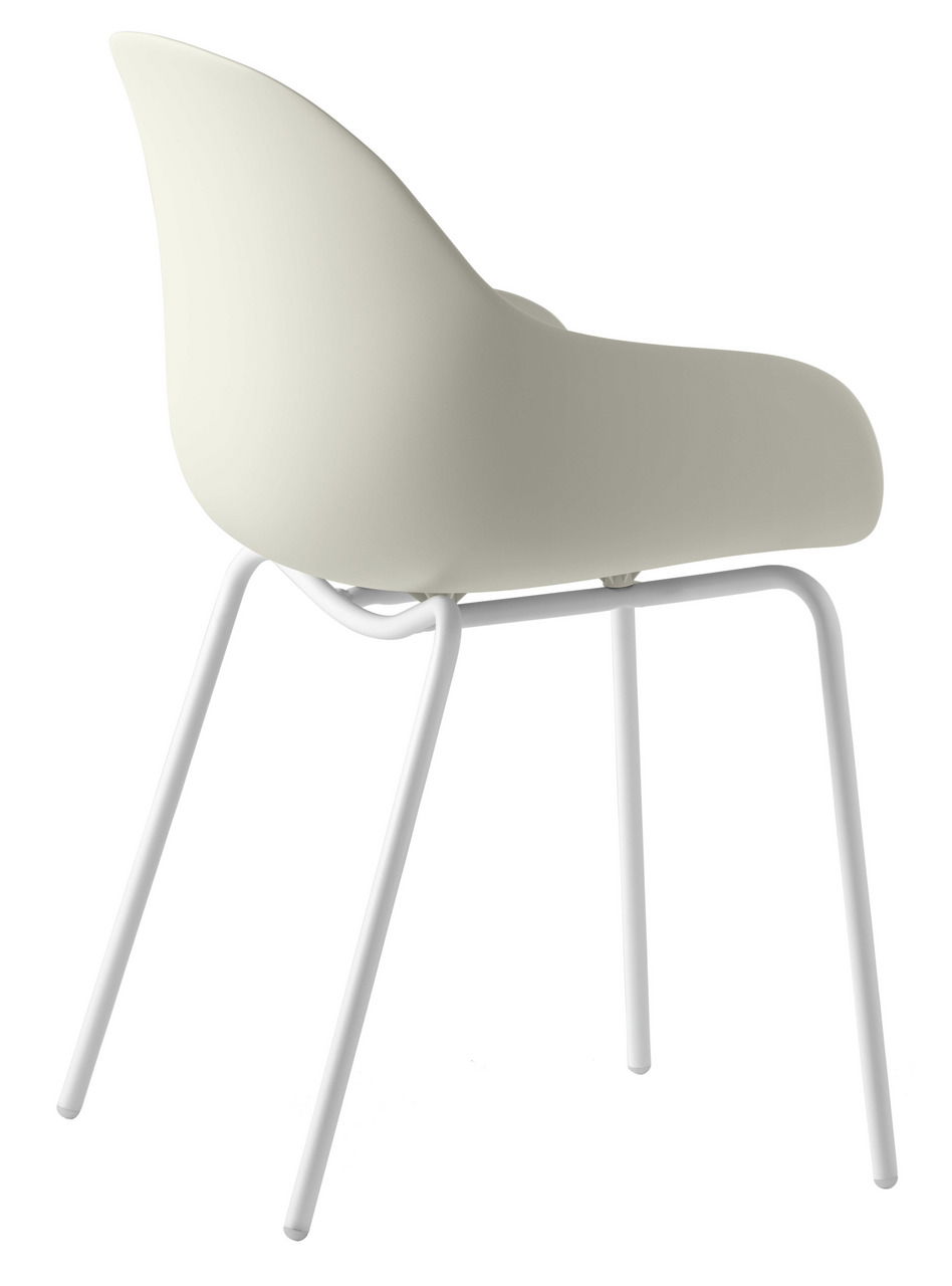 Moderner Stuhl mit geschwungener Rückenlehne und weißen Metallbeinen, seitliche Rückansicht