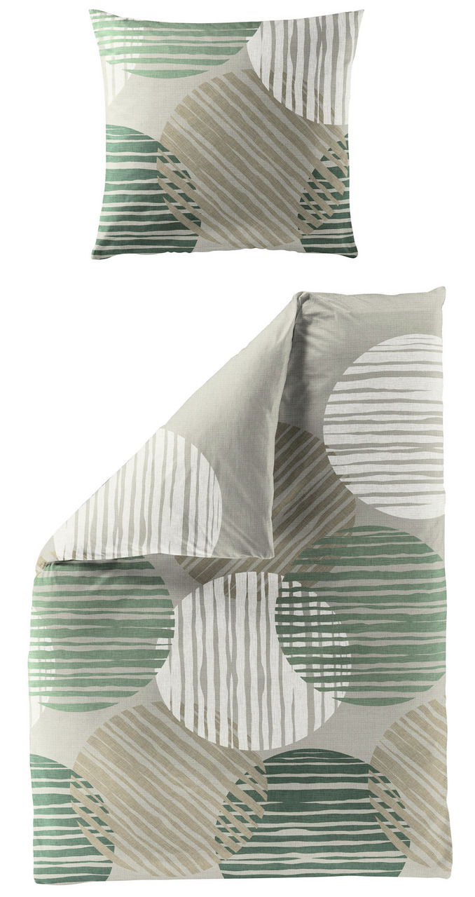 Bettwäsche-Set aus Renforcé-Baumwolle in 135x200 cm, mit modernem Kreis- und Streifenmuster in Grün- und Beigetönen, aus der Vogelperspektive fotografiert.