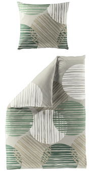 Bettwäsche-Set aus Renforcé-Baumwolle in 135x200 cm, mit modernem Kreis- und Streifenmuster in Grün- und Beigetönen, aus der Vogelperspektive fotografiert.