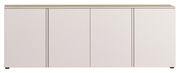 Frontale Ansicht eines modernen XL-Sideboards mit vier Türen und einer hellen Holzoberfläche.