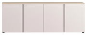Frontale Ansicht eines modernen XL-Sideboards mit vier Türen und einer hellen Holzoberfläche.