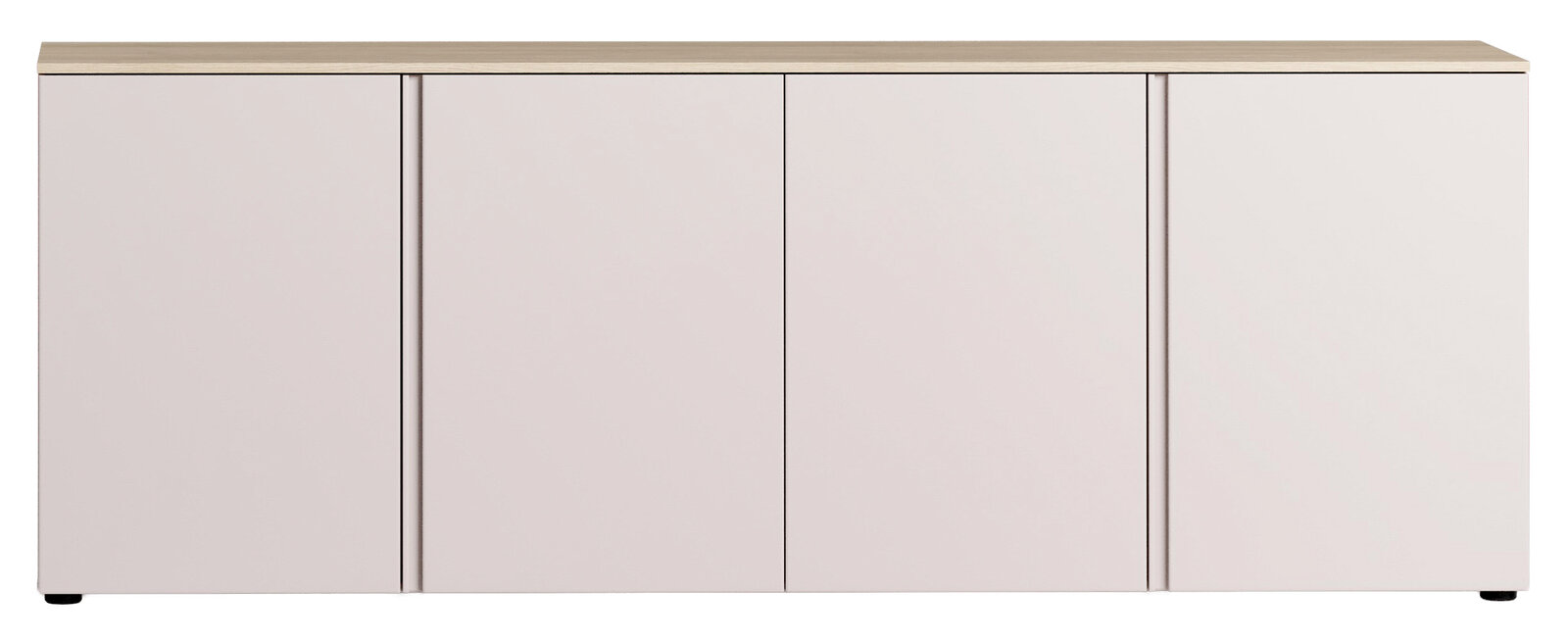 Frontale Ansicht eines modernen XL-Sideboards mit vier Türen und einer hellen Holzoberfläche.