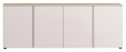 Frontale Ansicht eines modernen XL-Sideboards mit vier Türen und einer hellen Holzoberfläche.