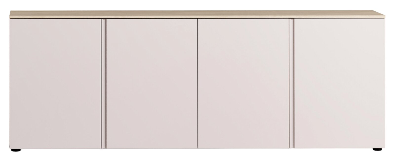 Frontale Ansicht eines modernen XL-Sideboards mit vier Türen und einer hellen Holzoberfläche.