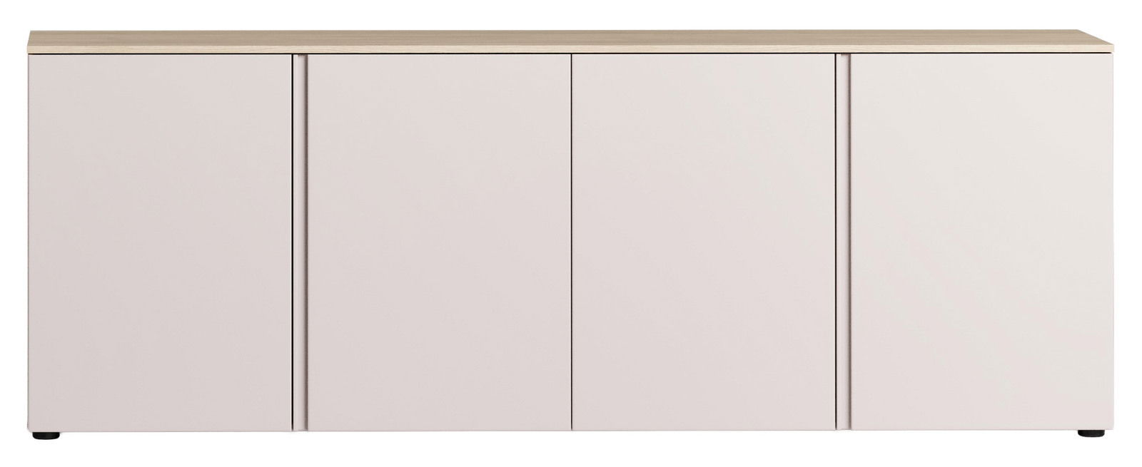 Frontale Ansicht eines modernen XL-Sideboards mit vier Türen und einer hellen Holzoberfläche.