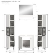 Badkombination BOSTON bestehend aus zwei hohen Schränken und einem Waschbeckenunterschrank in weißer Farbe, mit einem Spiegel in der Mitte. Die Schränke haben mehrere Fächer und Glastüren, Gesamtmaße ca. 137 x 186 x 33 cm, Perspektive von vorne.