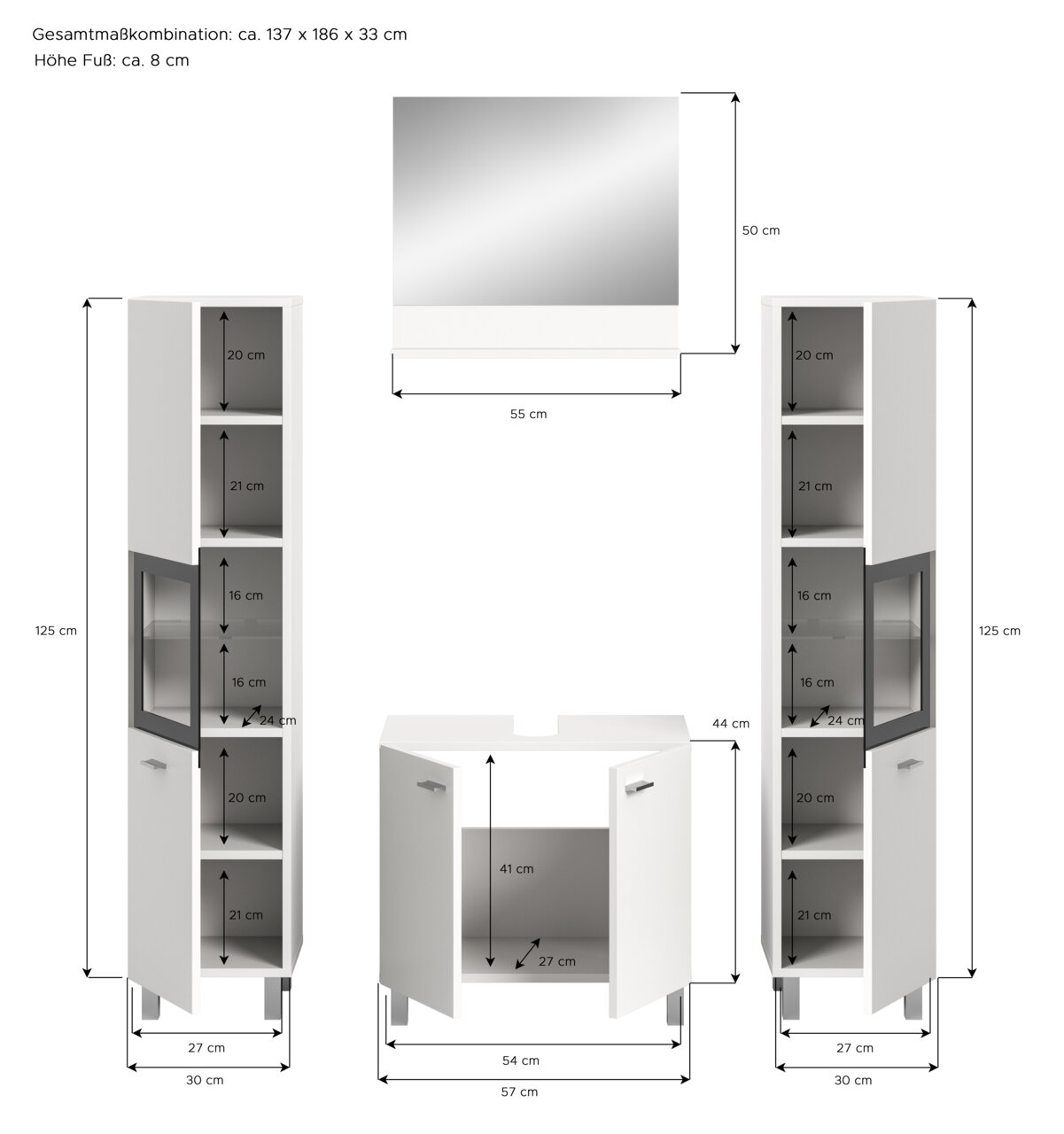 Badkombination BOSTON bestehend aus zwei hohen Schränken und einem Waschbeckenunterschrank in weißer Farbe, mit einem Spiegel in der Mitte. Die Schränke haben mehrere Fächer und Glastüren, Gesamtmaße ca. 137 x 186 x 33 cm, Perspektive von vorne.