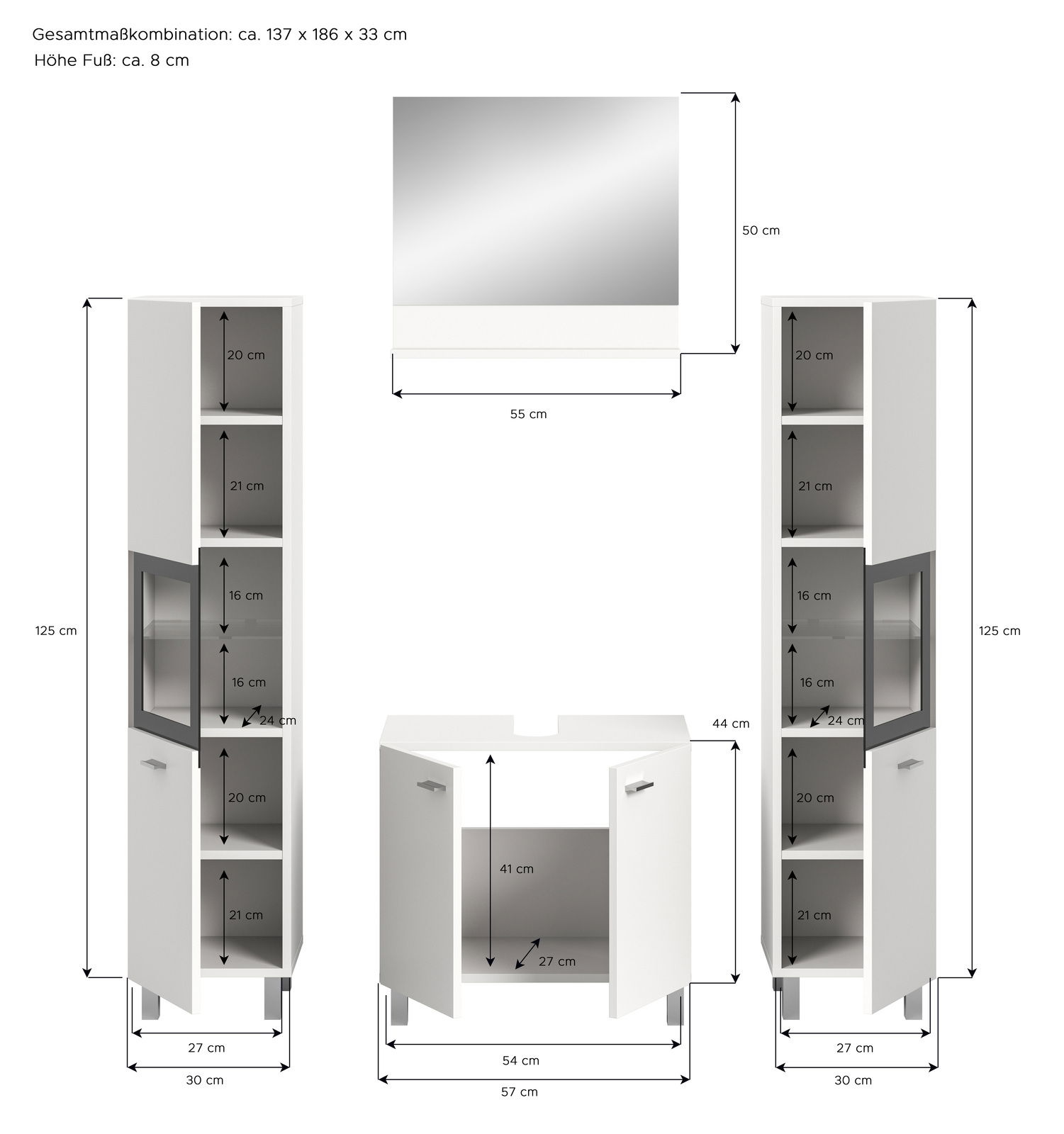 Badkombination BOSTON bestehend aus zwei hohen Schränken und einem Waschbeckenunterschrank in weißer Farbe, mit einem Spiegel in der Mitte. Die Schränke haben mehrere Fächer und Glastüren, Gesamtmaße ca. 137 x 186 x 33 cm, Perspektive von vorne.