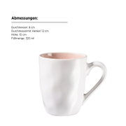 Weiße Keramiktasse mit rosafarben glasierter Innenseite und geschwungenem Henkel, in schräger Vorderansicht; Ø 8 cm, mit Henkel 12 cm breit, 10 cm hoch und 320 ml Fassungsvermögen