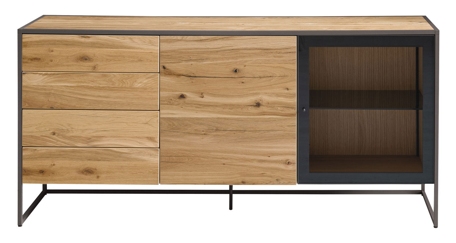 Frontale Ansicht eines modernen Sideboards aus Holz mit Metallrahmen, links mit Schubladen und rechts mit Glastür.