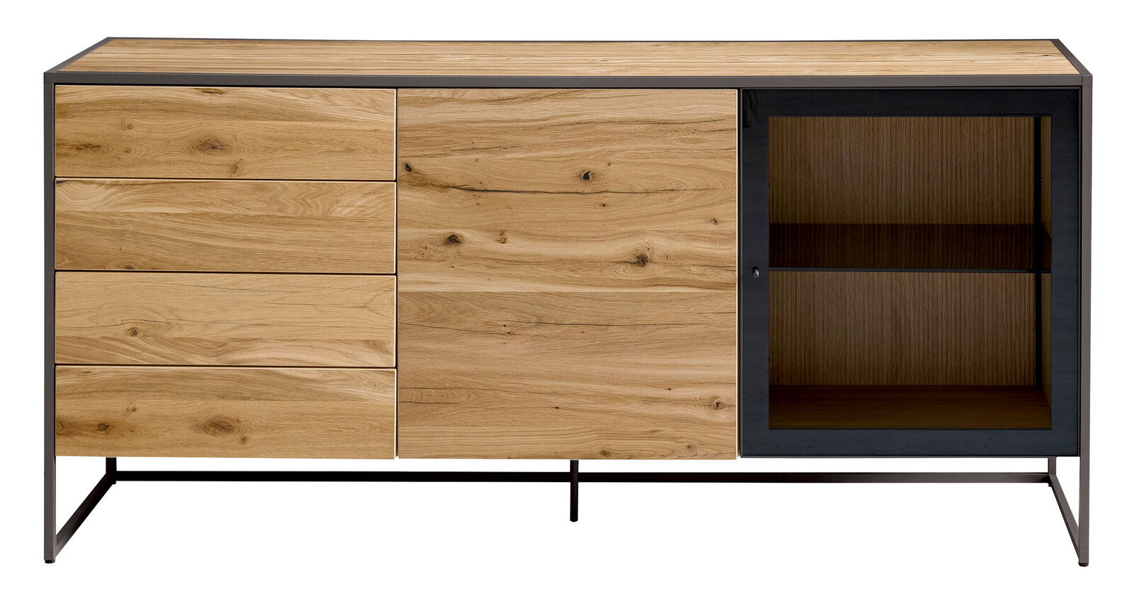 Frontale Ansicht eines modernen Sideboards aus Holz mit Metallrahmen, links mit Schubladen und rechts mit Glastür.